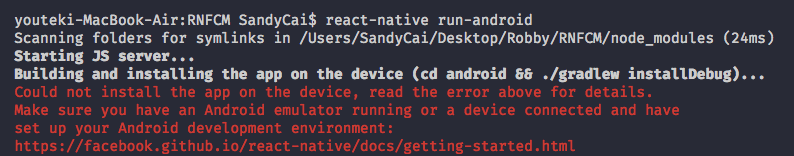 React Native - Could not install the app on the device